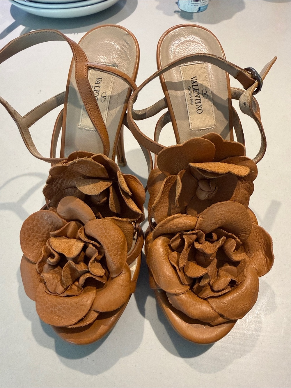 Valentino Garavani Brown Leather Floral Heeled Sandals